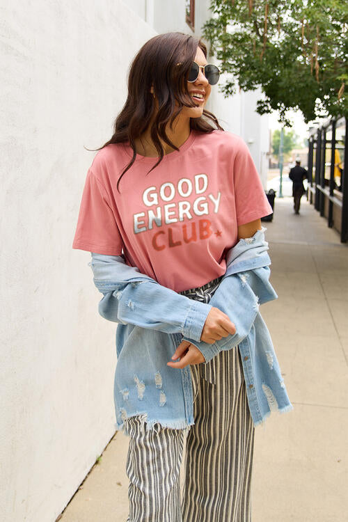 Simply Love Full Size GOOD ENERGY CLUB Short Sleeve T-Shirt Trendsi