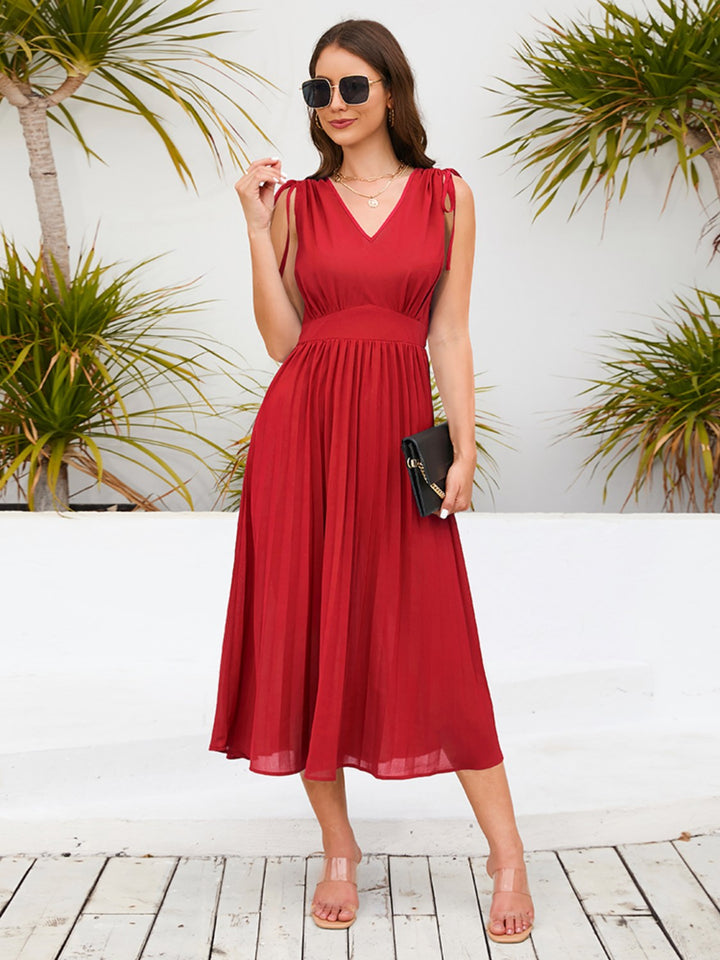 Pleated V-Neck Sleeveless Midi Dress Trendsi