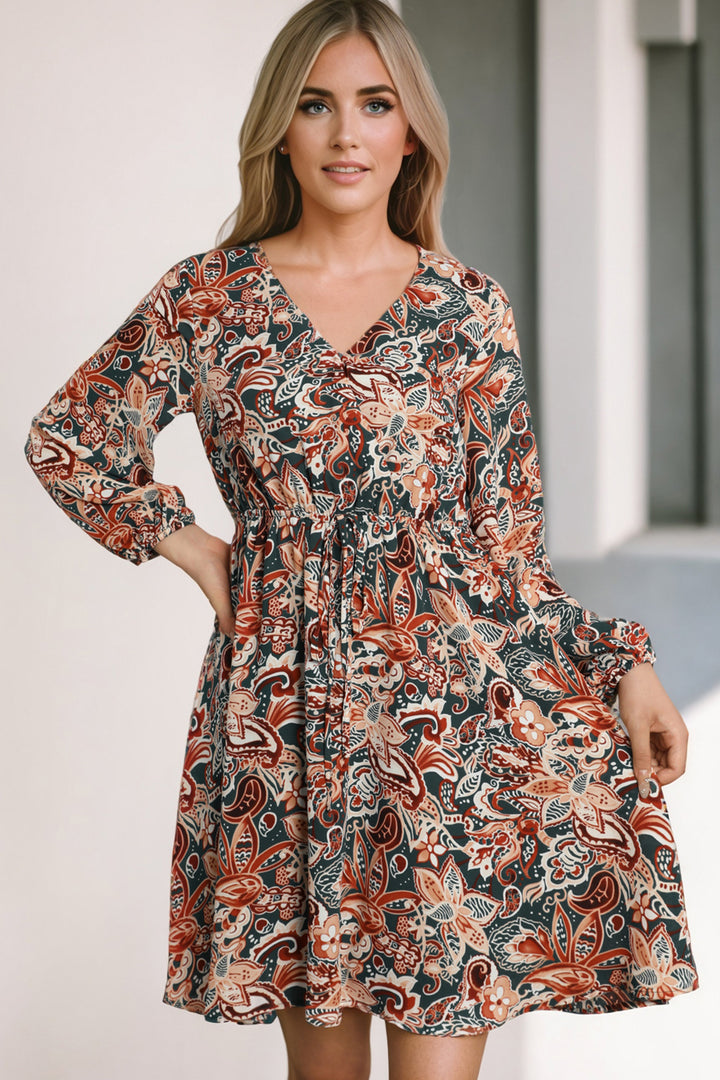 Printed V-Neck Mini Dress Trendsi