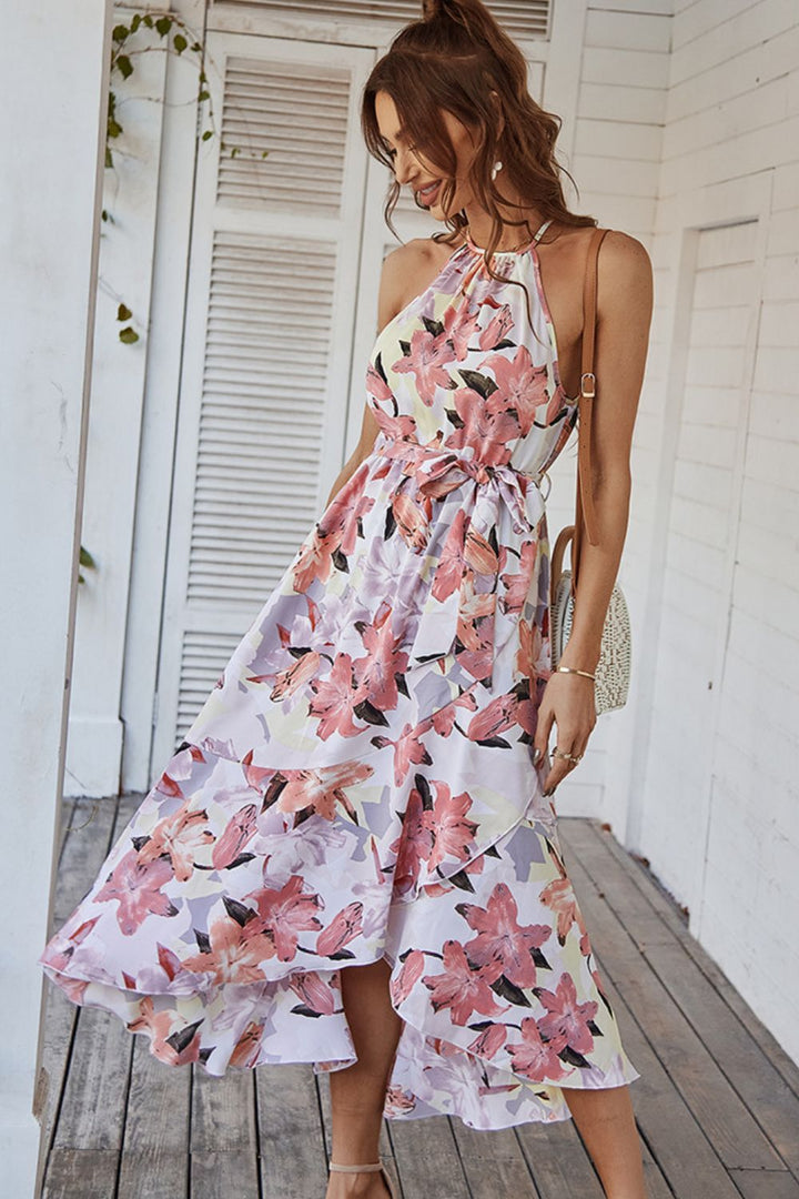 Floral Tie Belt Sleeveless Dress Trendsi