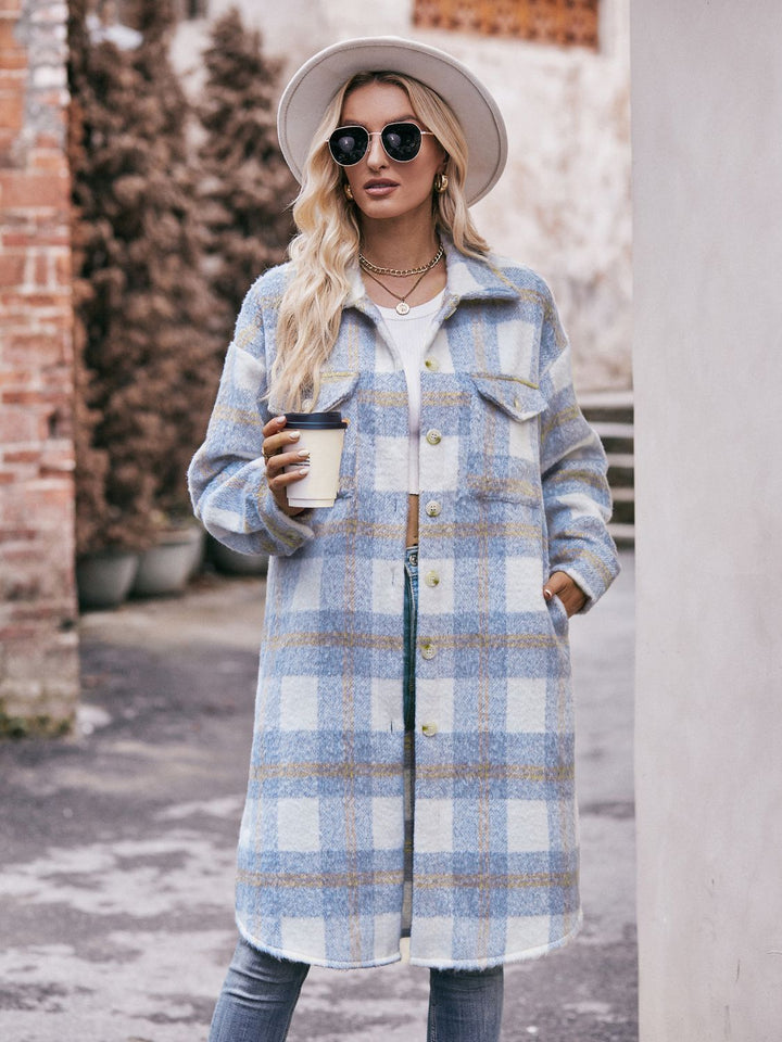 Plaid Dropped Shoulder Slit Coat - Super Amazing Store