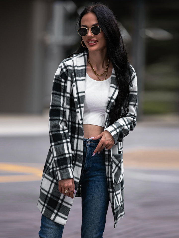 Plaid Shawl Collar Coat with Pockets - Super Amazing Store