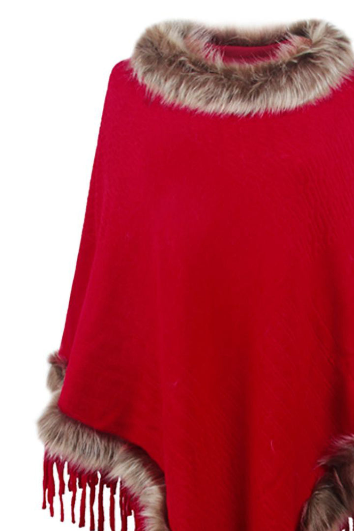 Faux Fur Trim Fringed Poncho - Super Amazing Store