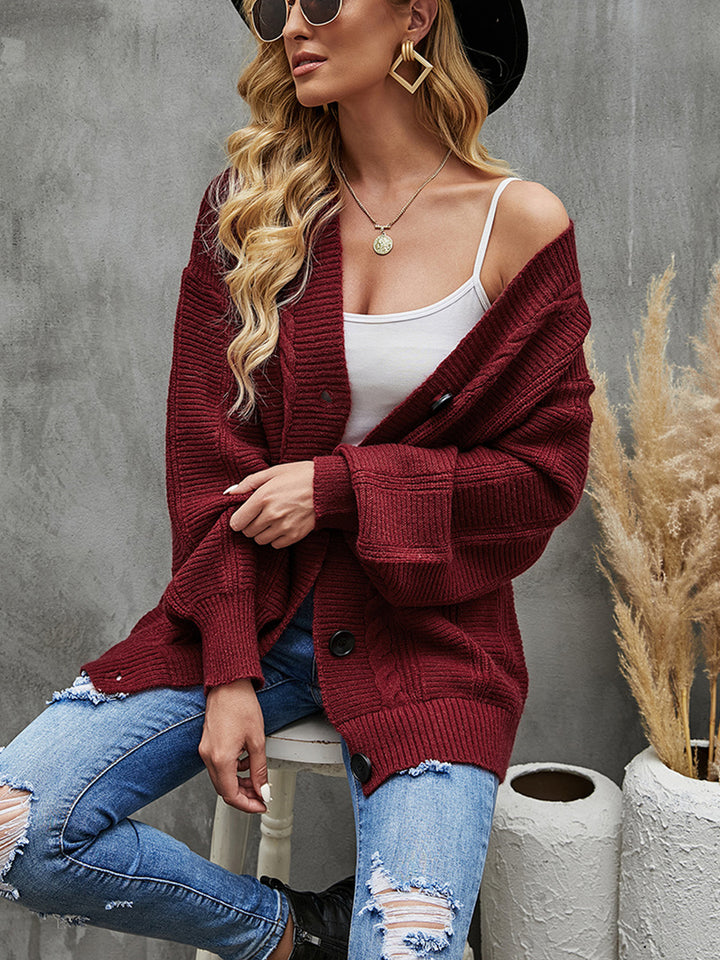 Cable-Knit Dropped Shoulder Cardigan Trendsi