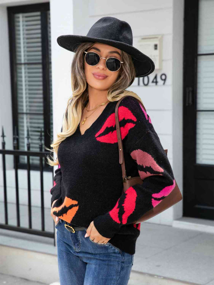 Lip V-Neck Drop Shoulder Sweater Trendsi