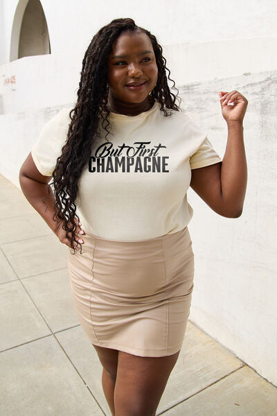 Simply Love Full Size BUT FIRST CHAMPAGNE Round Neck T-Shirt Trendsi