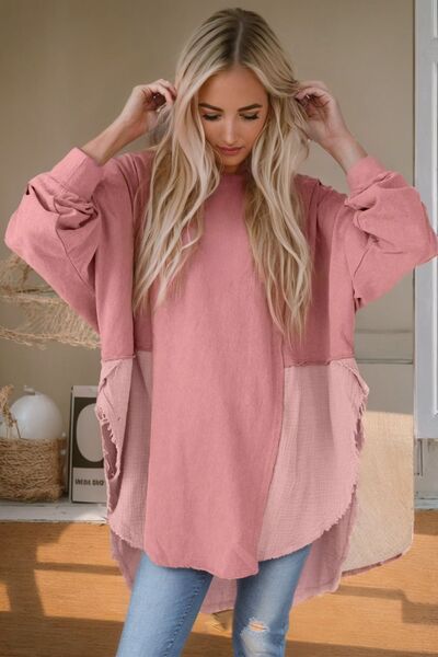 Contrast Texture Round Neck Long Sleeve Blouse Trendsi