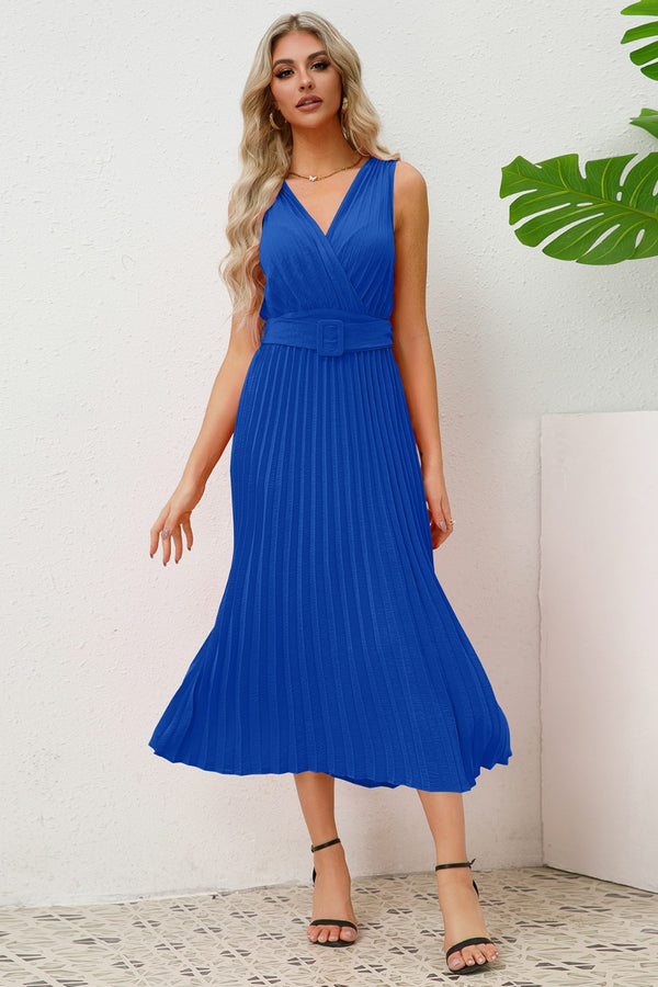 Surplice Sleeveless Midi Pleated Dress Trendsi