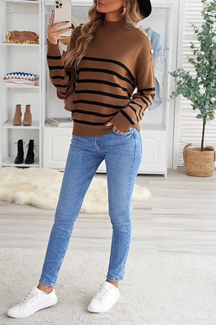 Striped Shoulder Detail Sweater - Super Amazing Store