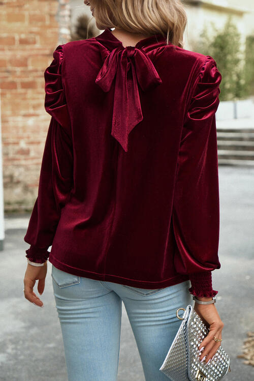 Tie Up Mock Neck Velvet Fabric Long Sleeve Blouse Trendsi