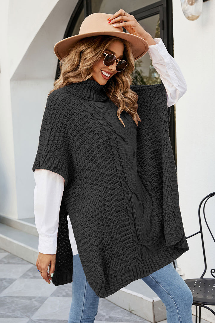 Cable-Knit Turtleneck Slit Sweater - Super Amazing Store