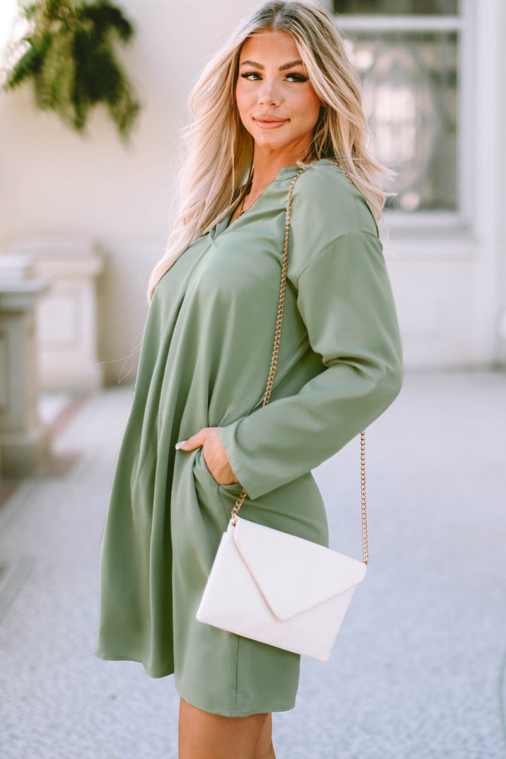 Notched Long Sleeve Dress with Pockets Trendsi