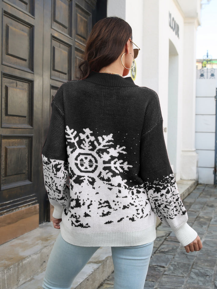 Snowflake Pattern Mock Neck Sweater - Super Amazing Store