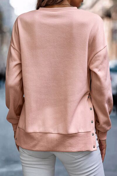 Snap Detail Round Neck Dropped Shoulder Sweatshirt Trendsi