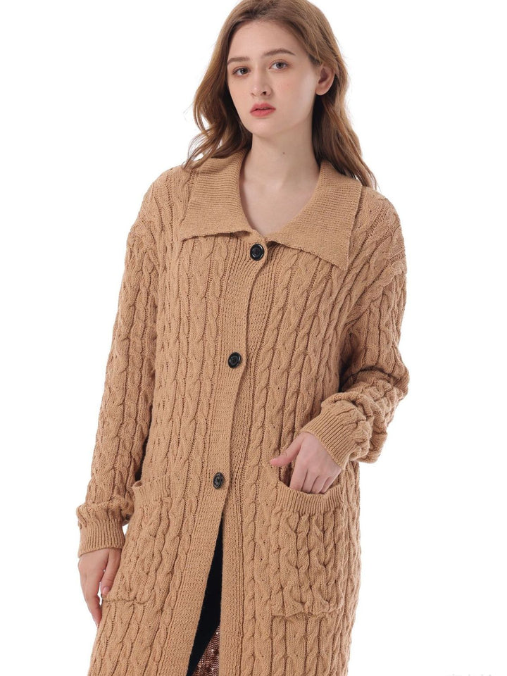 Cable-Knit Collared Neck Cardigan with Pockets Trendsi