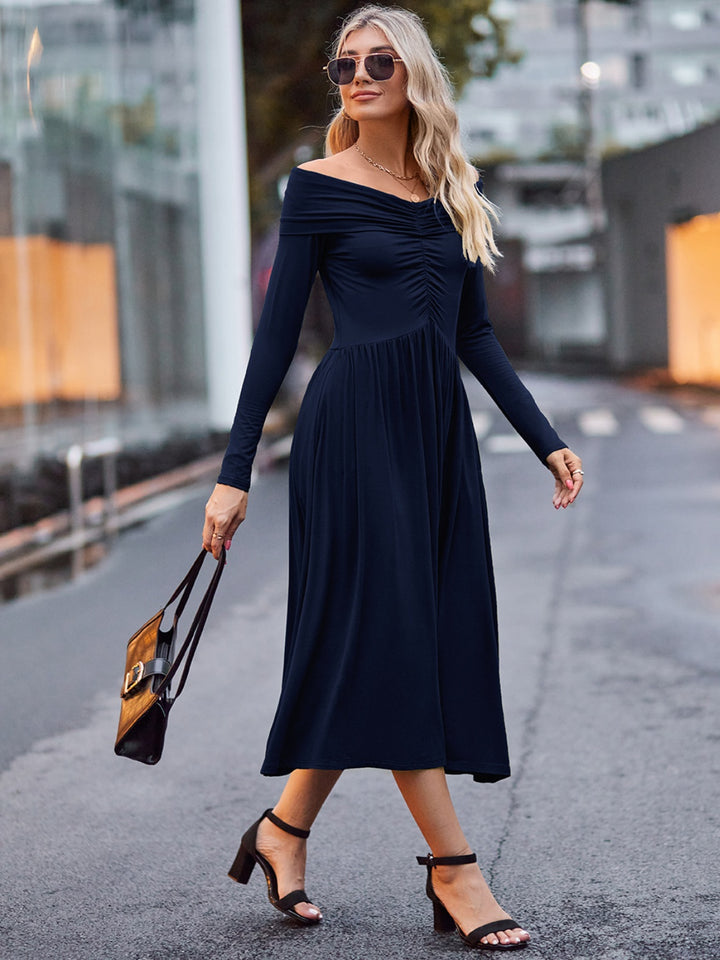 Ruched Off-Shoulder Midi Dress Trendsi