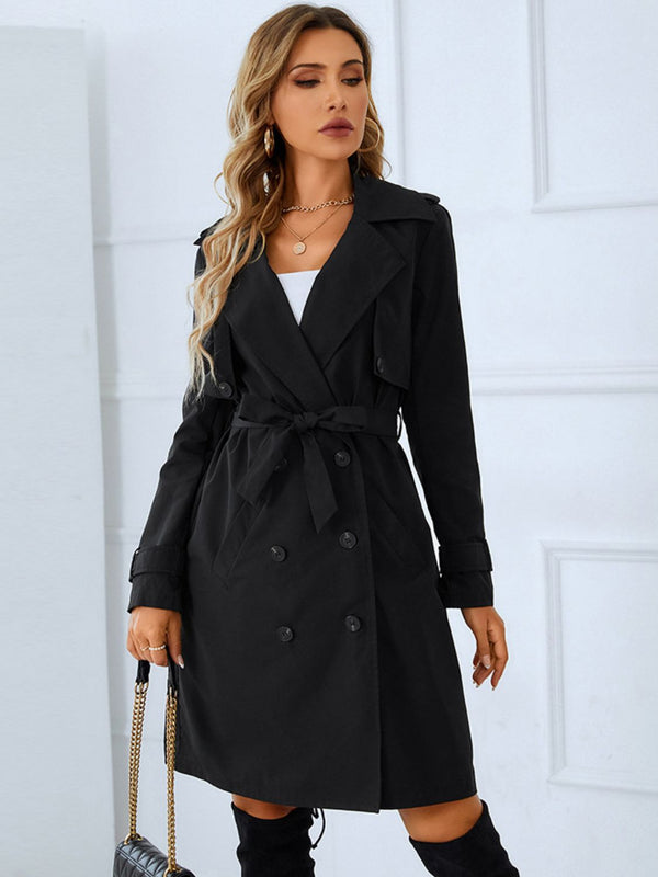 Lapel Collar Tie Belt Double-Breasted Trench Coat - Super Amazing Store