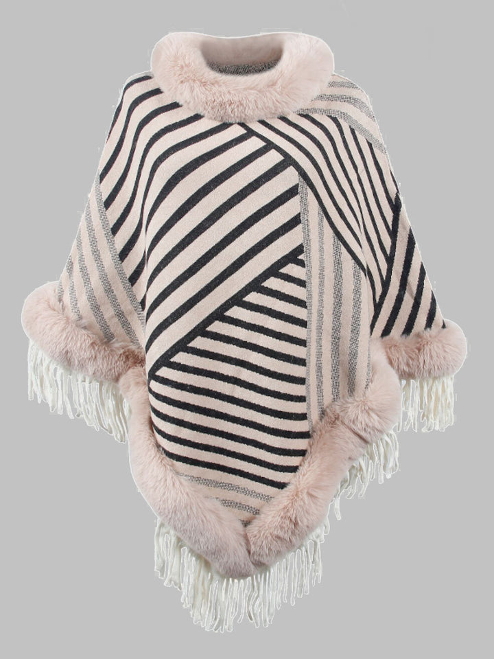 Striped Fringe Hem Poncho - Super Amazing Store