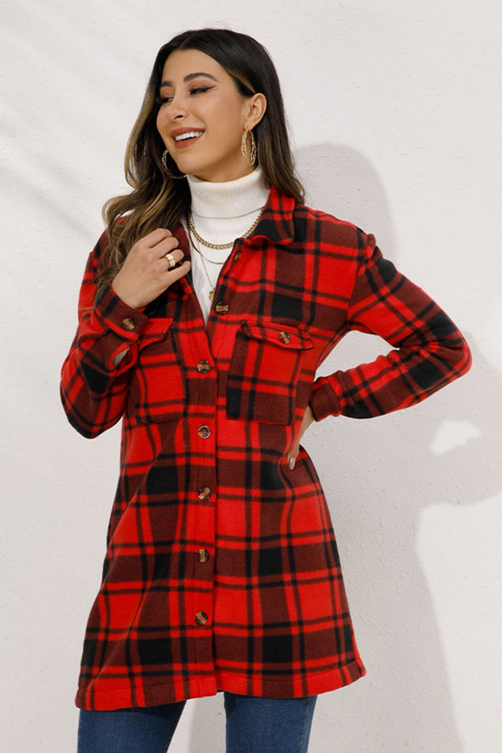 Plaid Collared Longline Coat Trendsi