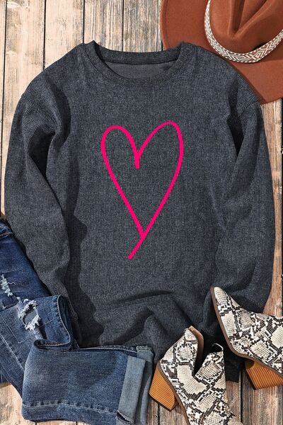 Heart Round Neck Dropped Shoulder Sweatshirt Trendsi