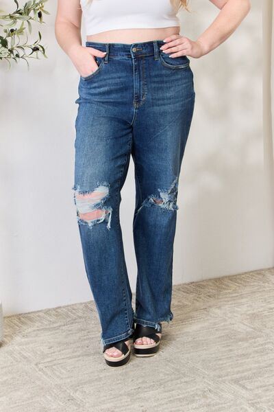 Judy Blue Full Size High Waist 90's Distressed Straight Jeans - Super Amazing Store