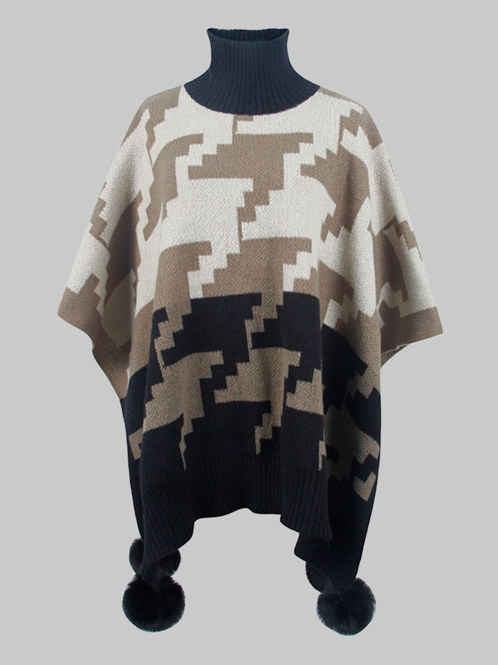 Turtleneck Pom-Pom Trim Poncho Trendsi