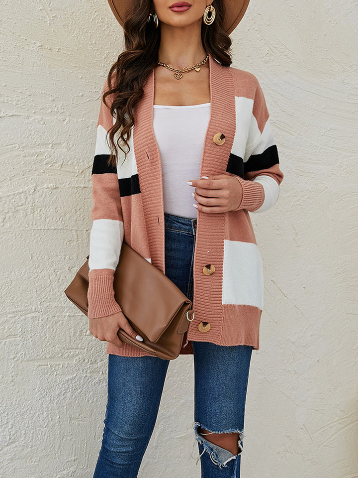 Color Block Button Down Cardigan Trendsi