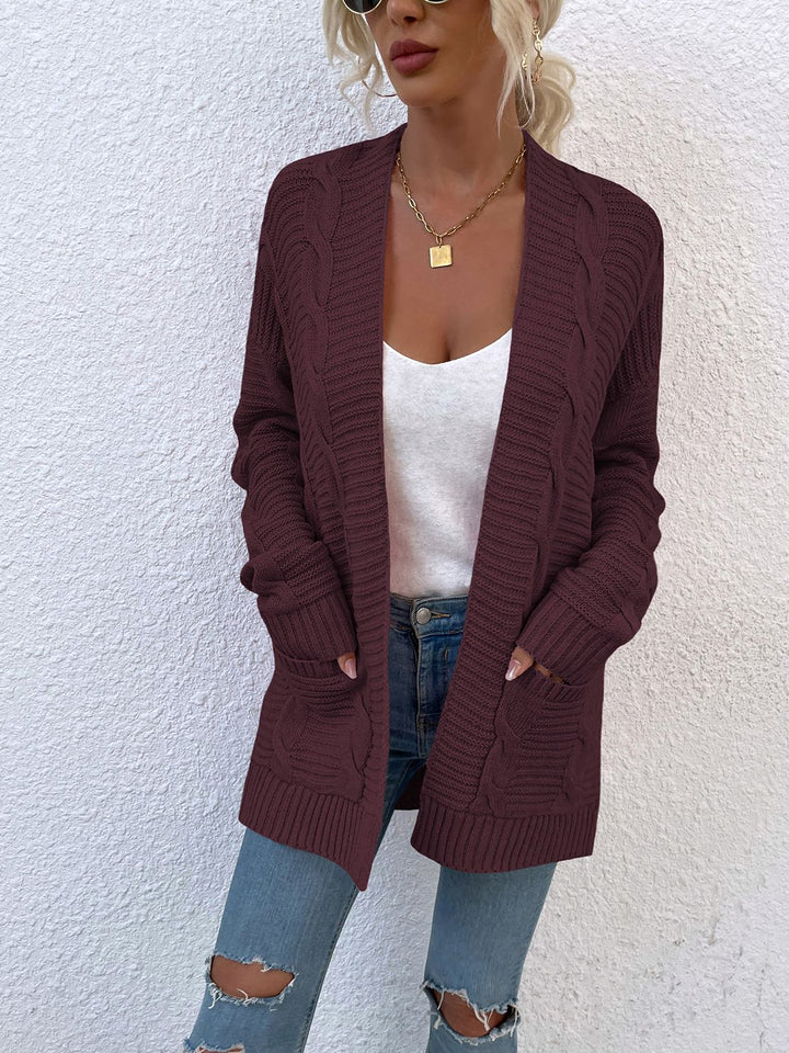 Cable-Knit Open Front Cardigan with Pockets Trendsi