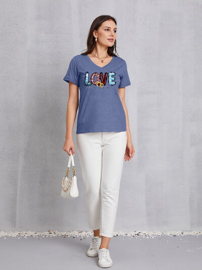 Letter Graphic V-Neck Short Sleeve T-Shirt Trendsi