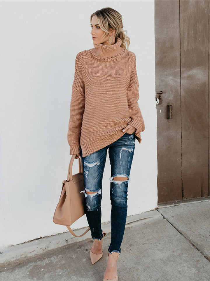 Turtleneck Dropped Shoulder Slit Sweater - Super Amazing Store