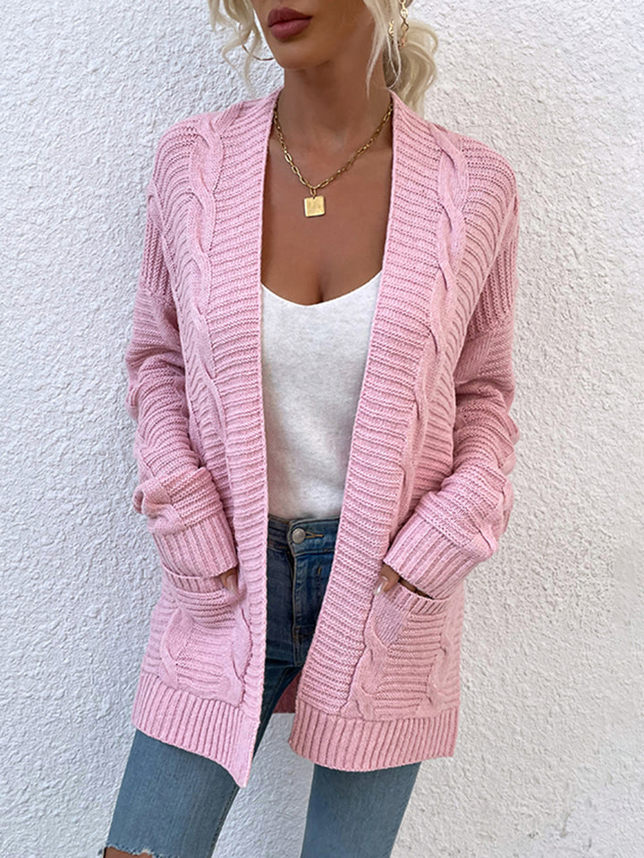 Cable-Knit Open Front Cardigan with Pockets Trendsi