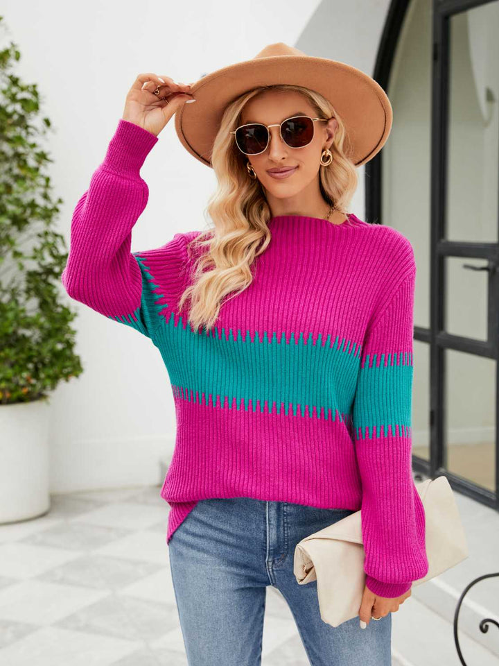 Contrast Round Neck Sweater - Super Amazing Store