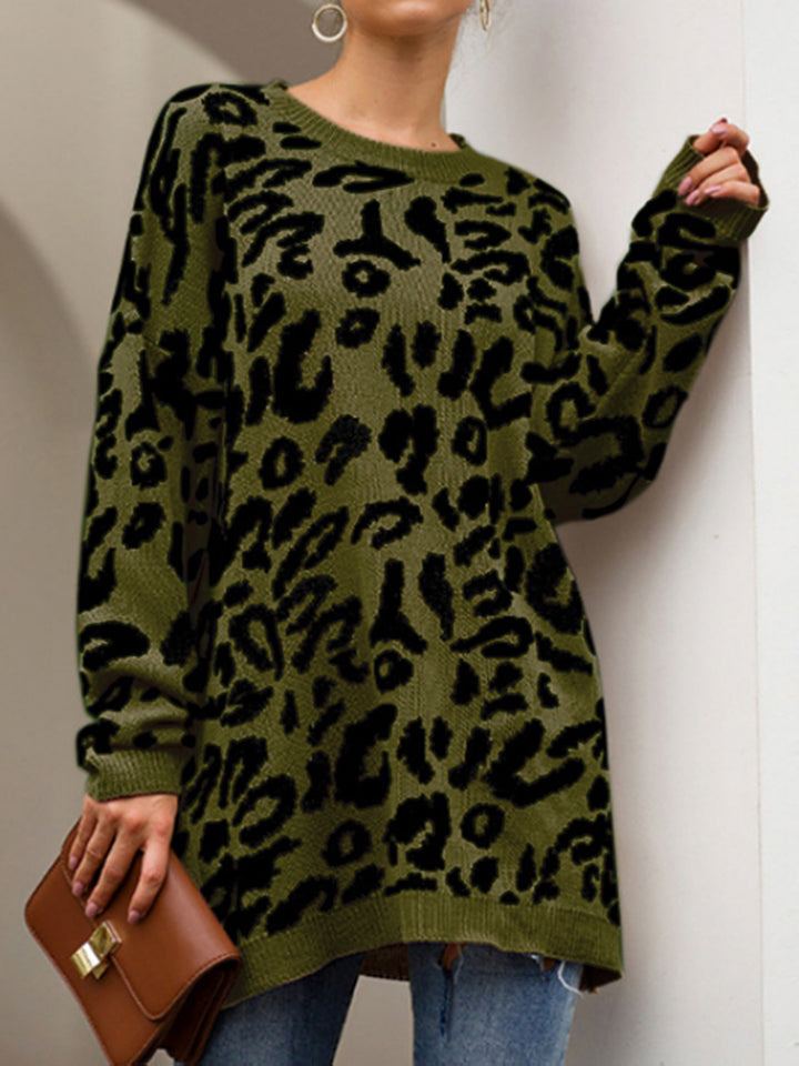 Leopard Round Neck Tunic Sweater Trendsi