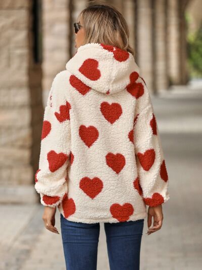 Fuzzy Heart Pocketed Dropped Shoulder Hoodie Trendsi