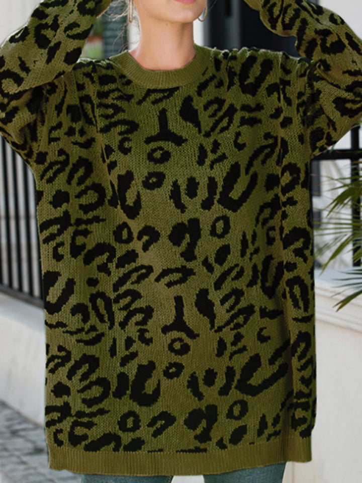 Leopard Round Neck Tunic Sweater Trendsi