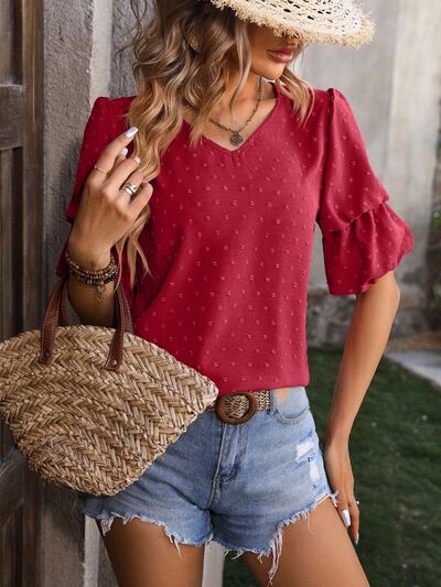 Swiss Dot V-Neck Short Sleeve Blouse Trendsi