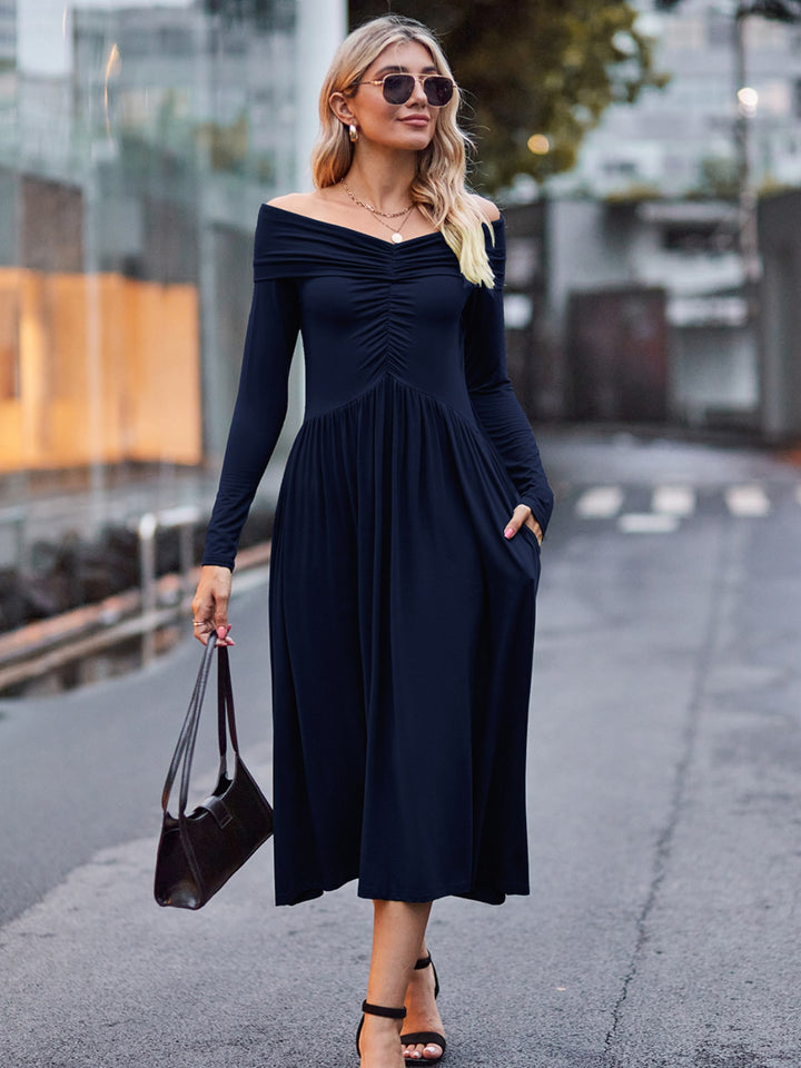 Ruched Off-Shoulder Midi Dress Trendsi