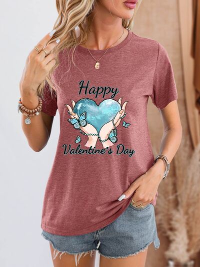 HAPPY VALENTINE'S DAY Round Neck Short Sleeve T-Shirt Trendsi