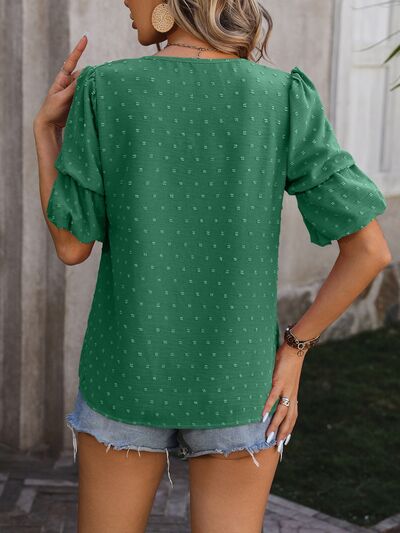 Swiss Dot V-Neck Short Sleeve Blouse Trendsi