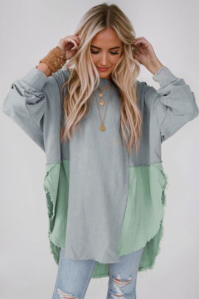 Contrast Texture Round Neck Long Sleeve Blouse Trendsi