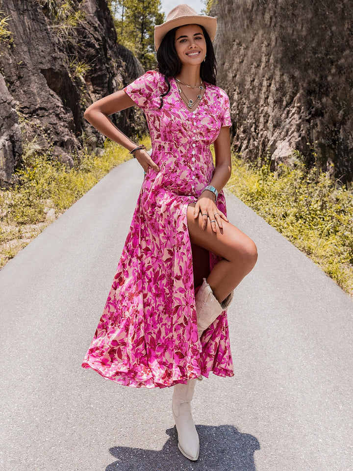 Floral V-Neck Slit Dress Trendsi