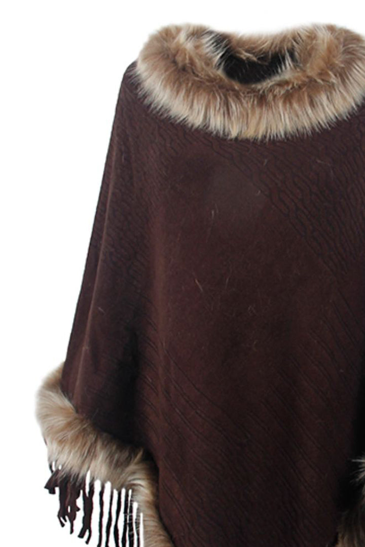 Faux Fur Trim Fringed Poncho - Super Amazing Store