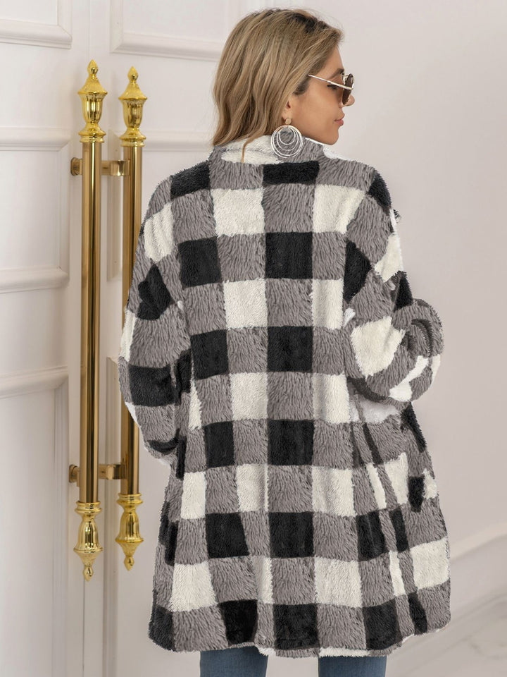 Plaid Collared Neck Longline Coat - Super Amazing Store