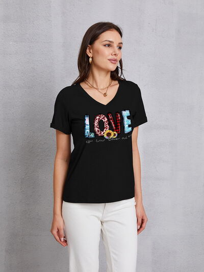 Letter Graphic V-Neck Short Sleeve T-Shirt Trendsi