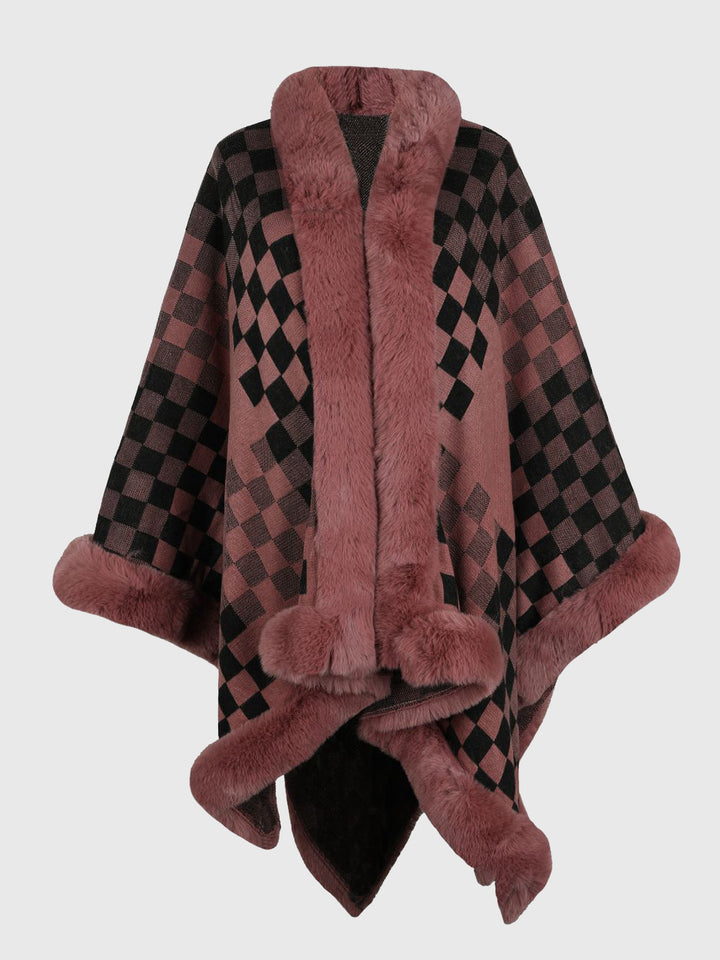 Checkered Faux Fur Trim Poncho - Super Amazing Store