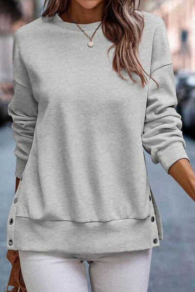 Snap Detail Round Neck Dropped Shoulder Sweatshirt Trendsi