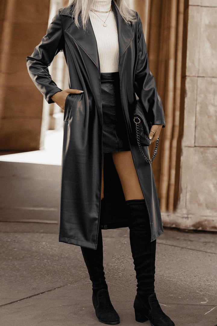 Lapel Collar Tie Waist Long Sleeve Trench Coat Trendsi