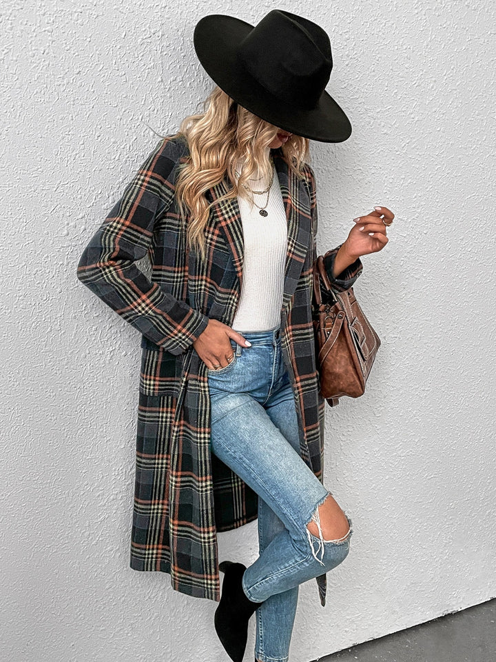 Plaid Lapel Collar Trench Coat Trendsi