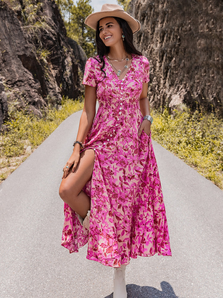 Floral V-Neck Slit Dress Trendsi