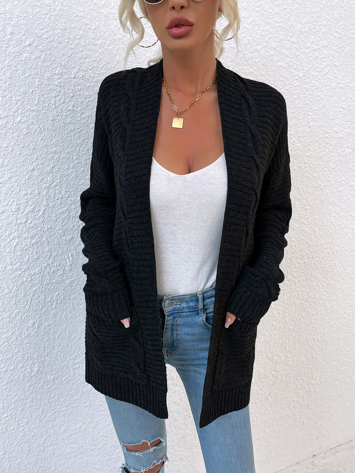 Cable-Knit Open Front Cardigan with Pockets Trendsi